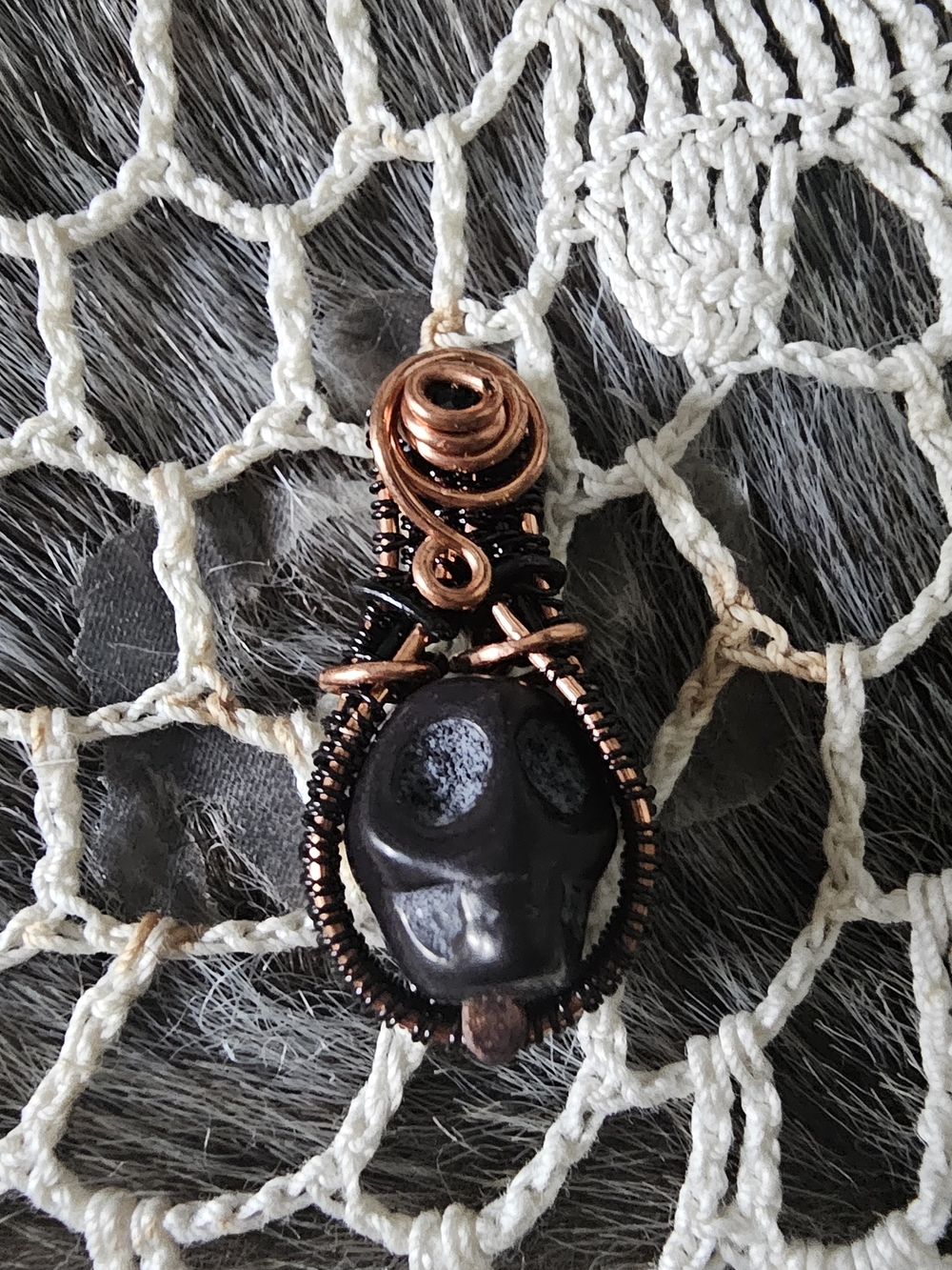Handcrafted Black Obsidean Skull Pendant Necklace with Copper Wire Wrap